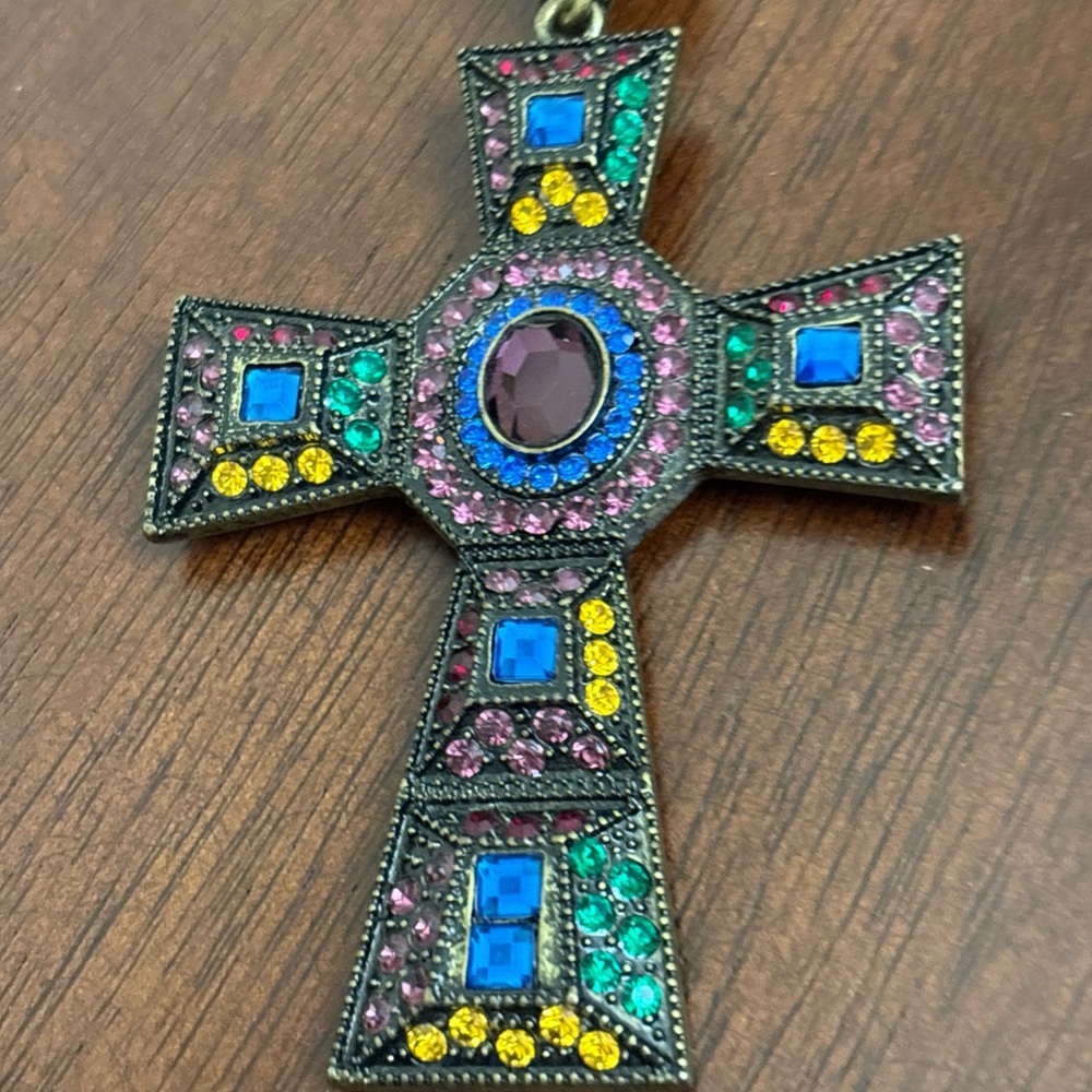Vintage Swarovski Multi Color Crystal Rhinestone Cross Necklace Double Chain